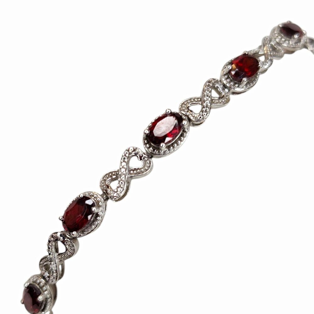 Vintage JWBR 925 Sterling Silver Tennis Bracelet Red Oval Stones Prong Signed